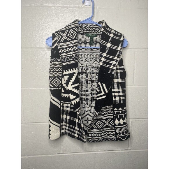 RALPH LAUREN Petites Black White Tribal Knit Open Sweater Vest SZ PP Small - Picture 6 of 9